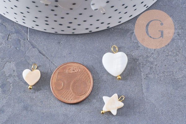 Breloque nacre blanche naturelle coeur étoile lune fleur zamac doré 13~16.5mm, x1 (G10090)