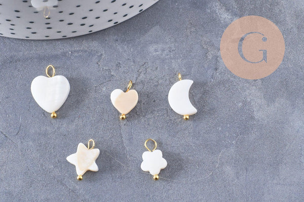 Breloque nacre blanche naturelle coeur étoile lune fleur zamac doré 13~16.5mm, x1 (G10090)