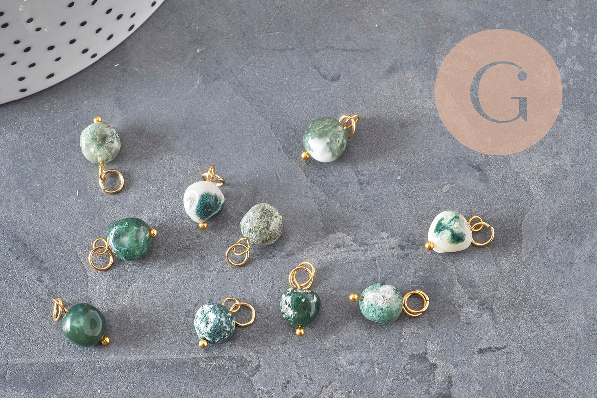 Nugget charm, natural green agate, 304 gold-plated stainless steel, 14mm, x1 VALID