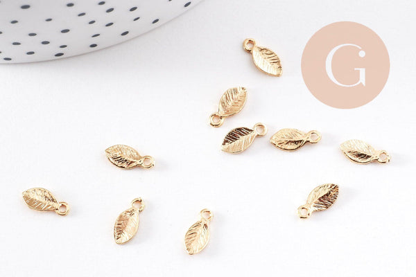 Breloque petite feuille laiton doré 18K 10.5mm, création bijoux végétal x2 (G10231)