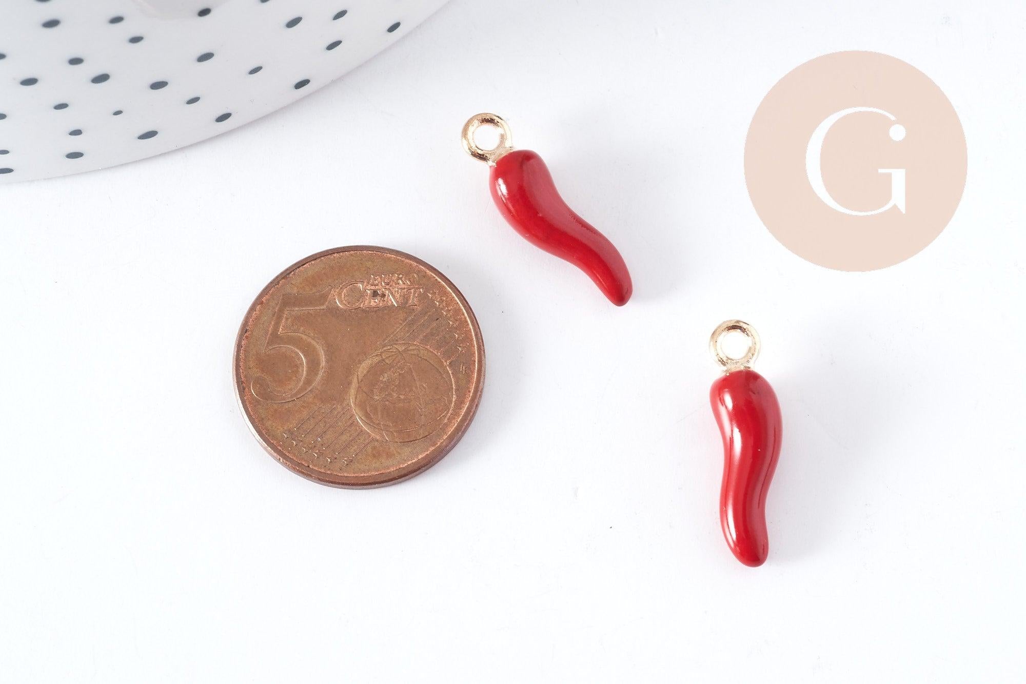 Breloque piment émail rouge zamac doré 21mm, pendentif création bijoux, x5 (G8948)