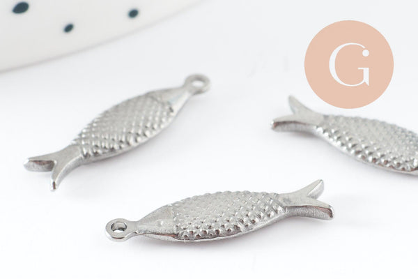 Breloque poisson acier 304 inoxydable platine 21mm, x1 (G9536)