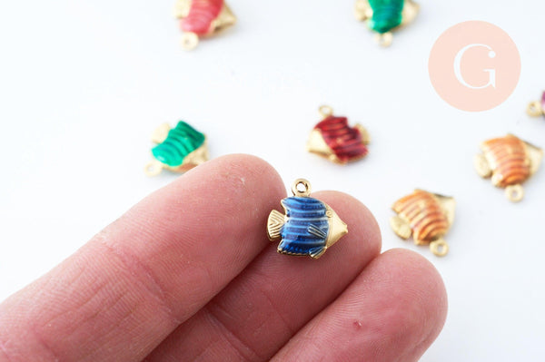 Breloque poisson acier inoxydable doré 14k émail coloré 13mm, x1 (G6016)