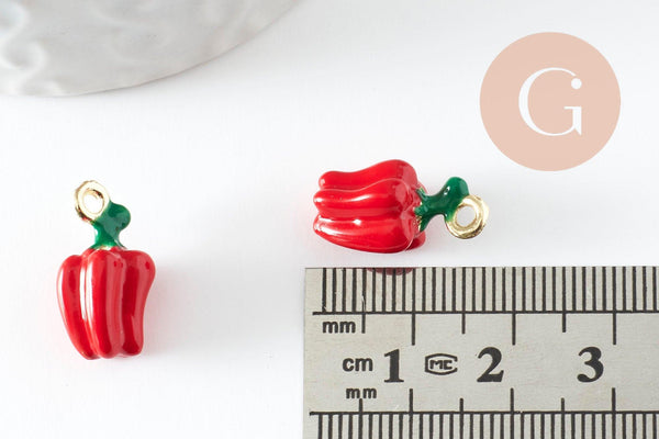 Breloque poivron émail rouge zamac doré 18mm, x1 (G9501)