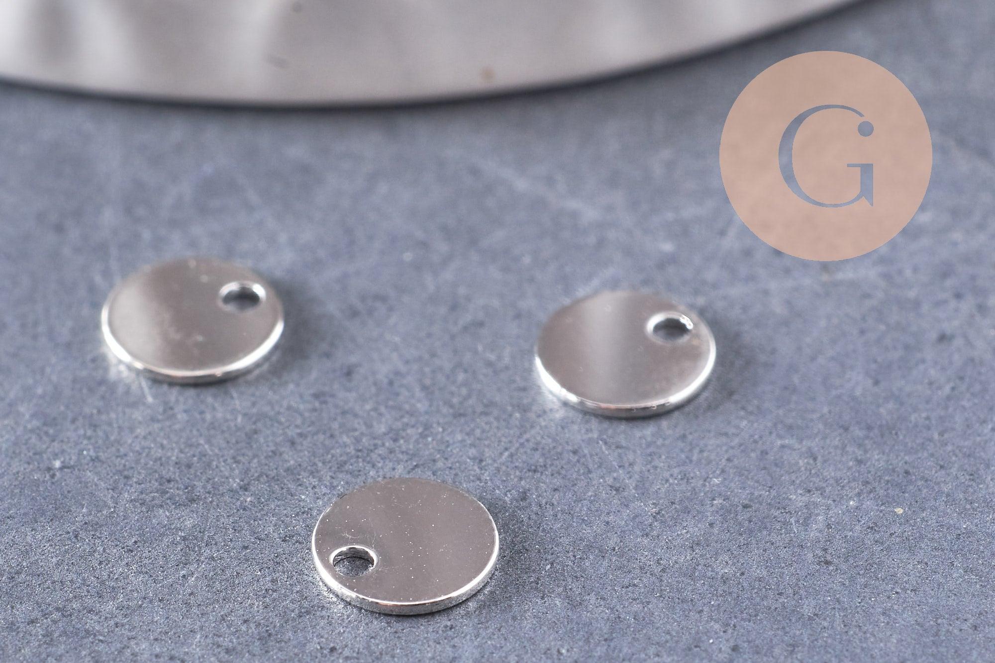 Breloque ronde cuivre plaqué or blanc (rhodium) 5mm, x4 (G9996)