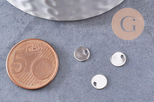 Breloque ronde cuivre plaqué or blanc (rhodium) 5mm, x4 (G9996)