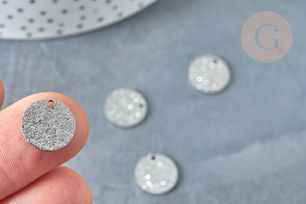 Breloque ronde plate texturée argentée acier 304 inoxydable argentée 12mm, x 10 G8328