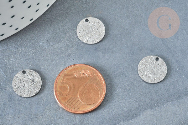 Breloque ronde plate texturée argentée acier 304 inoxydable argentée 12mm, x 10 G8328