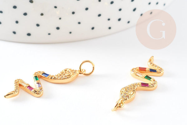 Breloque serpent laiton doré 18k cristal sans nickel,cadeau anniversaire,pendentif animal zircon, 32.5mm, x1 G4008
