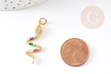 Breloque serpent laiton doré 18k cristal sans nickel,cadeau anniversaire,pendentif animal zircon, 32.5mm, x1 G4008