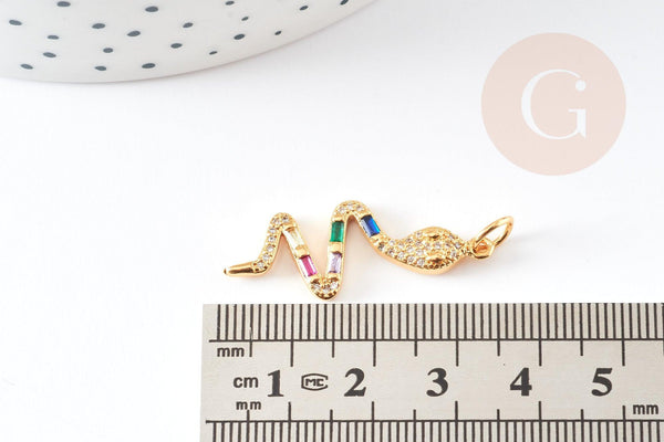 Breloque serpent laiton doré 18k cristal sans nickel,cadeau anniversaire,pendentif animal zircon, 32.5mm, x1 G4008