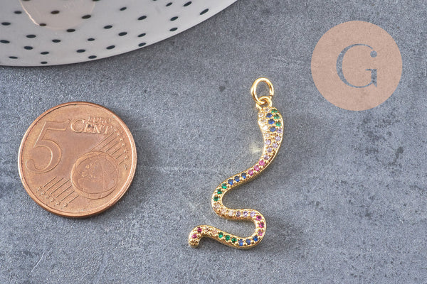 Breloque serpent laiton doré 18k cristal,sans nickel,cadeau anniversaire,pendentif animal, Pendentif zircon,27.5mm, x1 (G2419)