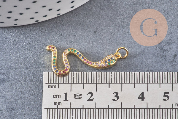 Breloque serpent laiton doré 18k cristal,sans nickel,cadeau anniversaire,pendentif animal, Pendentif zircon,27.5mm, x1 (G2419)