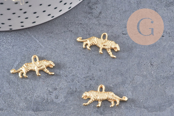 Breloque tigre zamac doré 18k, breloque félin sans nickel, pendentif panthère ,16mm x2 (G5661)