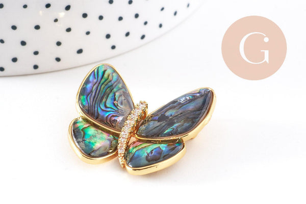 Broche Papillon Nacre noire abalone laiton doré zircons 36mm, x1 (G10164)