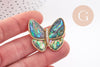 Broche Papillon Nacre noire abalone laiton doré zircons 36mm, x1 (G10164)