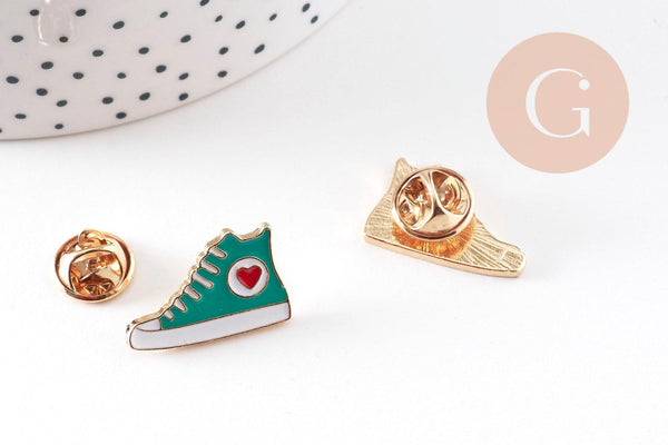 Broche Pin's chaussure Converse doré émail turquoise 22.5mm, x1 (G10943)