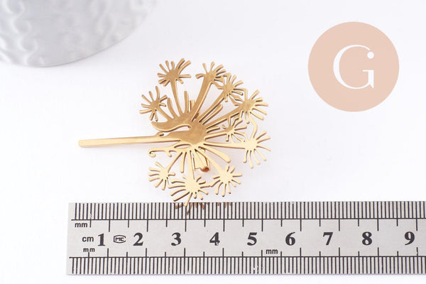 Broche Pissenlit Dandelion acier 201 inoxydable doré 52.5mm, x1 (G9925)
