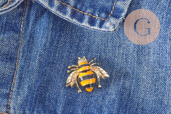 Broche abeille émail noir et jaune zamac doré 29mm, x1 (G9923)