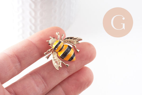 Broche abeille émail noir et jaune zamac doré 29mm, x1 (G9923)