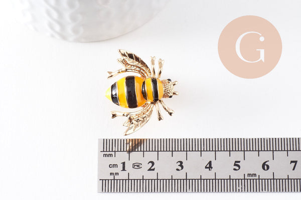 Broche abeille émail noir et jaune zamac doré 29mm, x1 (G9923)