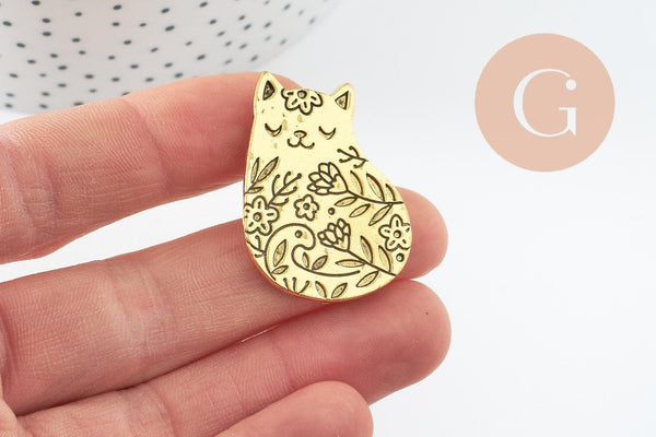 Broche chat assis gravée acier 304 inoxydable doré 35mm, x1 (G9785)