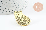 Broche chat assis gravée acier 304 inoxydable doré 35mm, x1 (G9785)