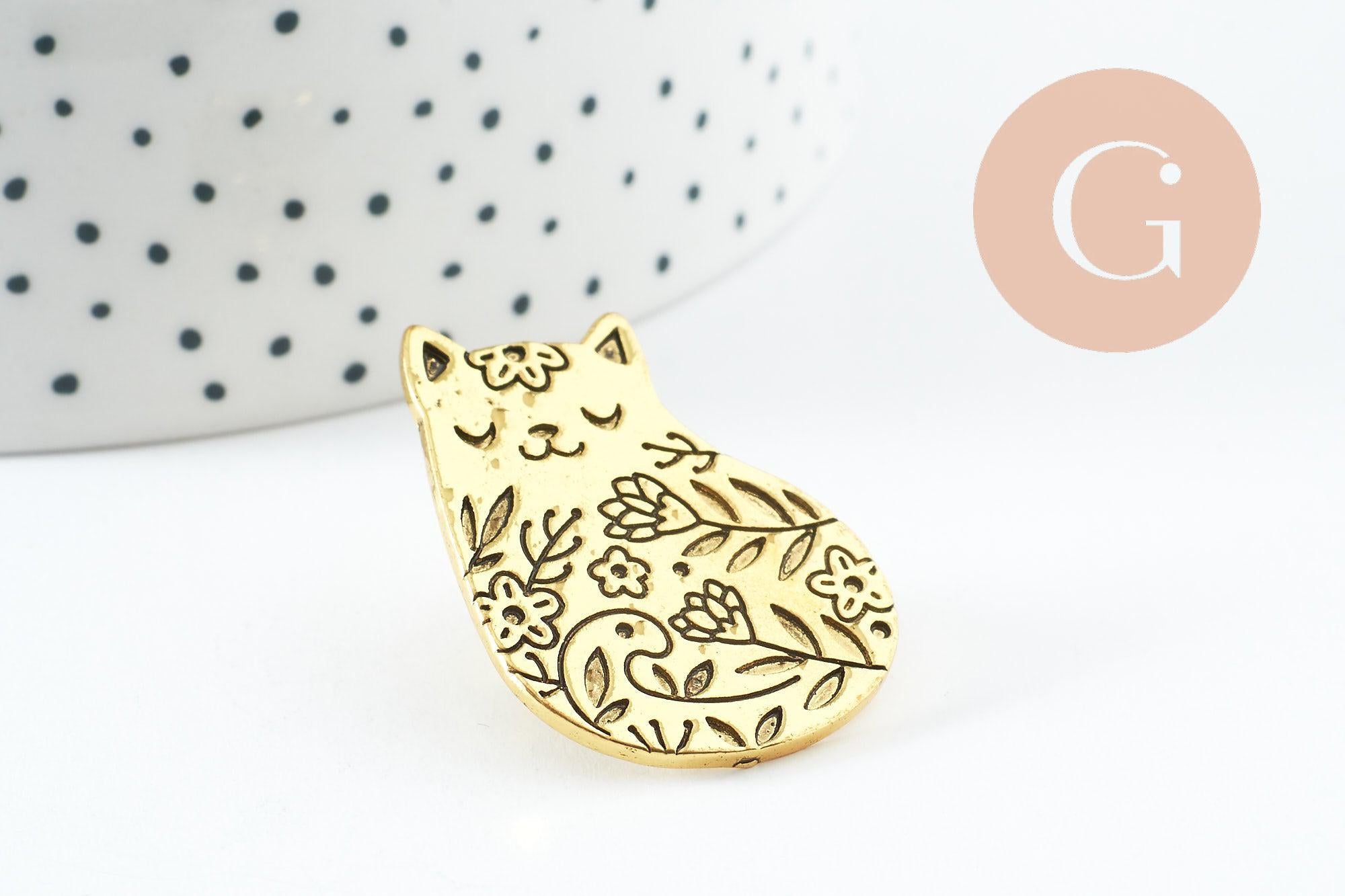 Broche chat assis gravée acier 304 inoxydable doré 35mm, x1 (G9785)