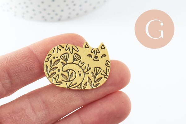 Broche chat gravée acier 304 inoxydable doré 34mm, x1 (G9786)
