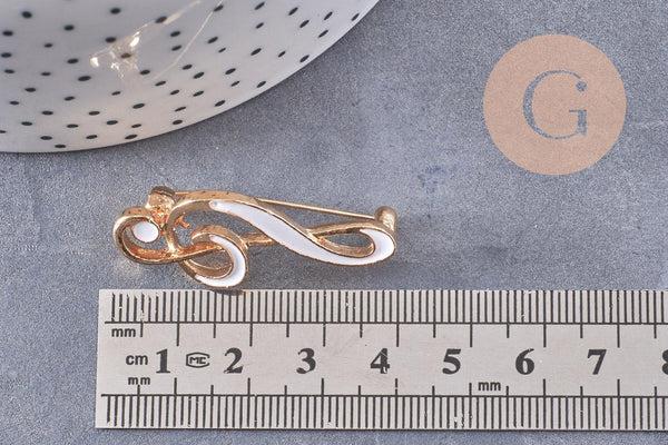 Broche clef de sol émail blanc zamac doré 39mm, x1 (G10215)