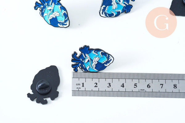Broche coeur vague océan mystique doré émail noir 33x23mm, x1 (G6382)