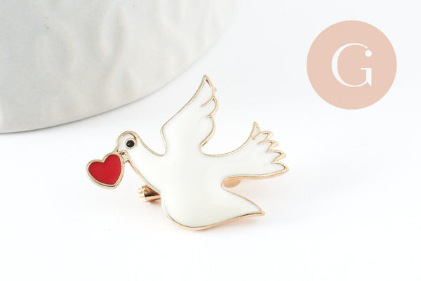 Broche colombe blanche coeur rouge zamac doré 29mm, x1 (G9460)
