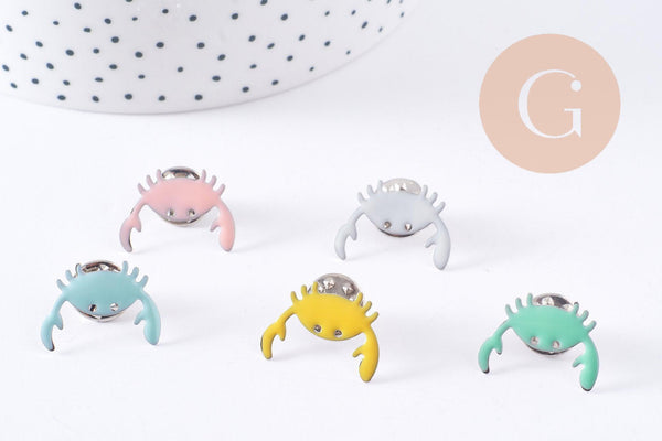 Broche crabe laiton doré ou argenté émail coloré, x1 (G8900)