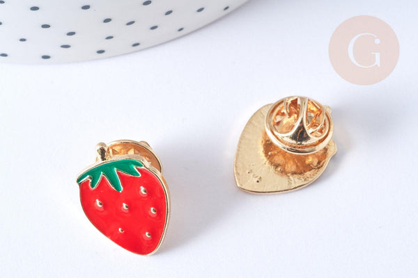 Broche émail fraise rouge et vert zamac doré 21mm, x1 (G7844)