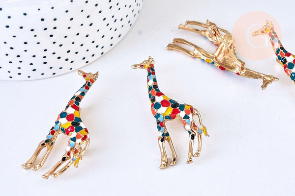 Broche girafe multicolore zamac doré émaillé 59mm, x1 (G5557)