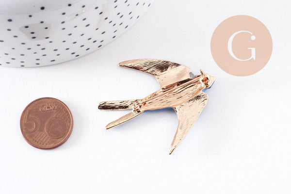 Broche hirondelle zamac doré émail bleu doré 50mm, x1 (G10140)