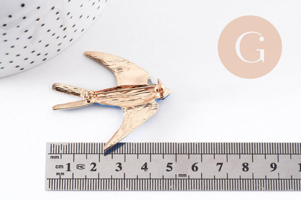 Broche hirondelle zamac doré émail bleu doré 50mm, x1 (G10140)