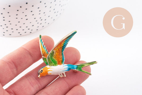 Broche oiseau zamac doré émail 52mm, x1 (G10163)