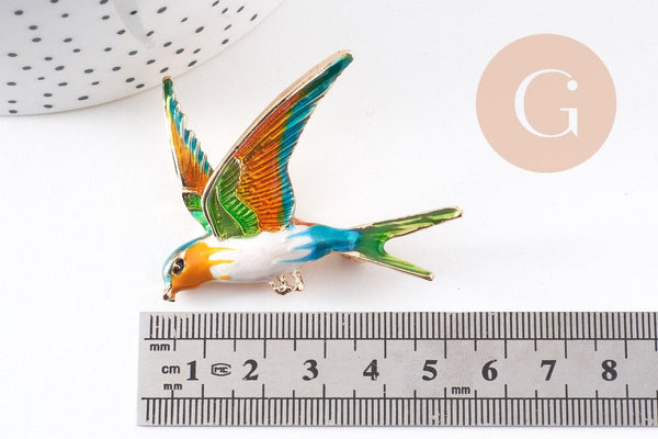 Broche oiseau zamac doré émail 52mm, x1 (G10163)