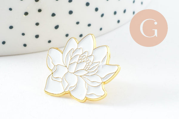 Broche pins Fleurs Lotus blanc zamac doré émail 25mm,broche dorée, décoration veste, x1 (G9744)