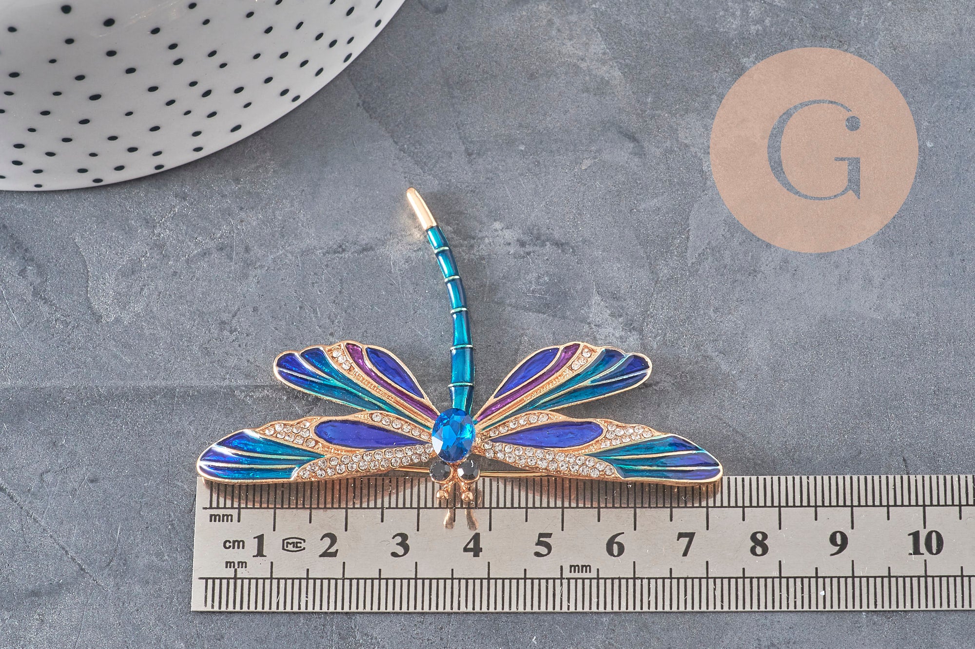 Broche pin Libélula insecto alado zamac dorado azul 74x50mm, x1 VÁLIDO
