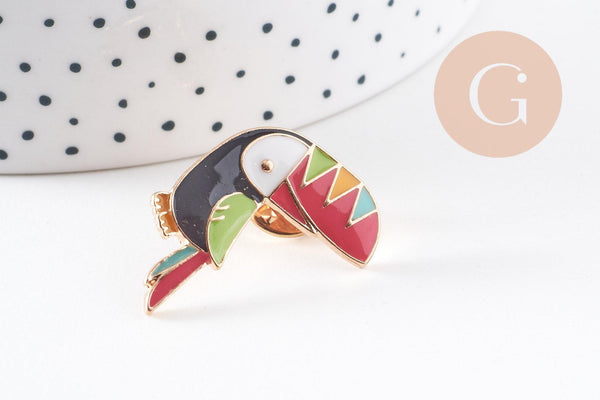 Broche pins Oiseau toucan doré émail multicolore 31x22mm,broche dorée, décoration veste, x1 (G5954)