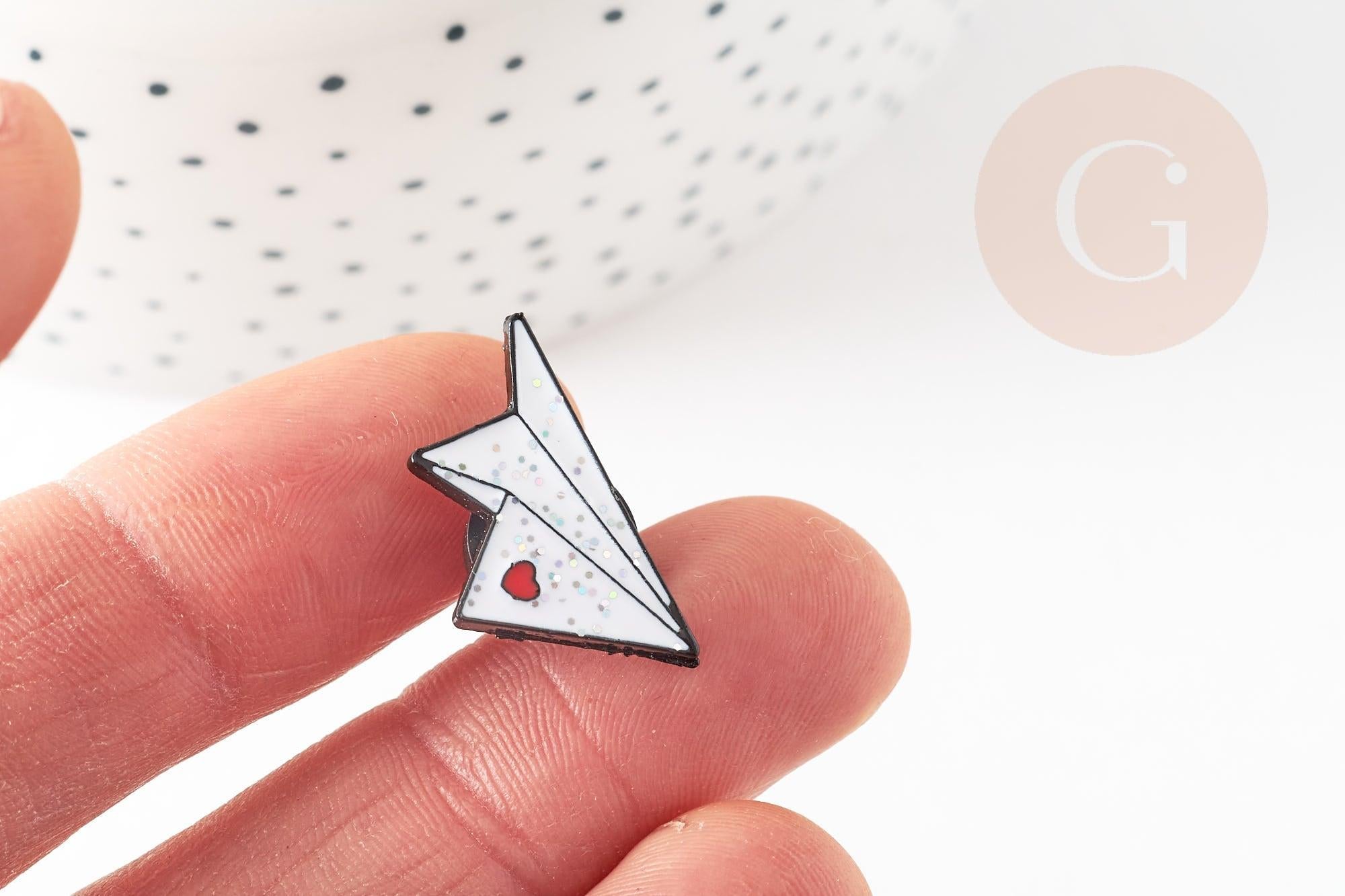 Broche pins avion en papier coeur émaillé blanc rouge 22.5mm,broche customisation vêtement x1 (G9299)