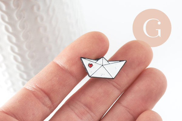 Broche pins bateau en papier coeur émaillé blanc rouge 24.5mm, x1 G9474
