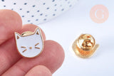Broche pins chat blanc doré émail 14mm, x1 (G6625)