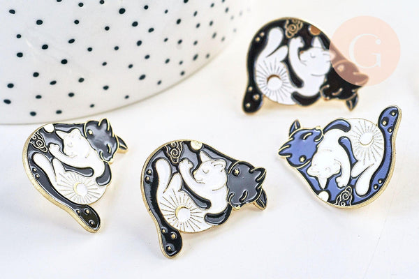 Broche pins chat noir & blanc Ying Yang mystique doré émail noir 30mm, x1 (G5553)