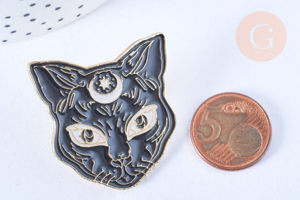 Broche pins chat noir mystique doré émail noir 37.5mm,broche dorée,décoration veste,x1 (G5550)