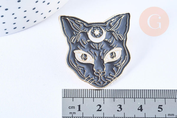Broche pins chat noir mystique doré émail noir 37.5mm,broche dorée,décoration veste,x1 (G5550)