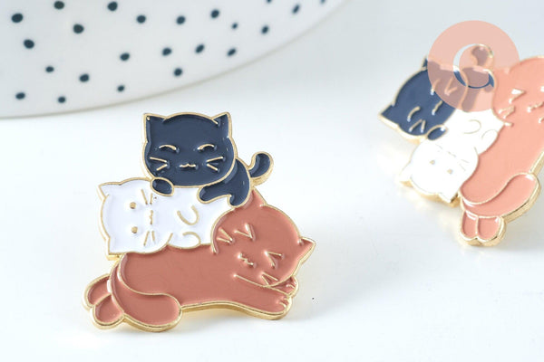 Broche pins chatons noir, blanc, marron doré émail 29x30.5mm,broche dorée, décoration veste,x1 G6320