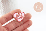 Broche pins coeur GIRL POWER émaillé rose 31mm, x1 (G9459)